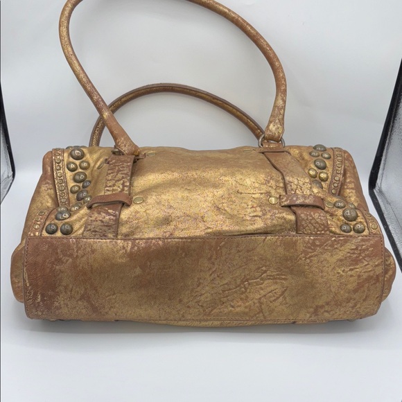 Like New Tre Vero XL Purse Bronze Gold Distressed Shimmer Studded Leather Bag - Picture 7 of 13